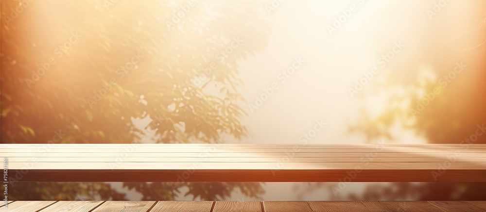 Poster a hardwood table placed in a natural landscape with trees and sunlight streaming through, creating a