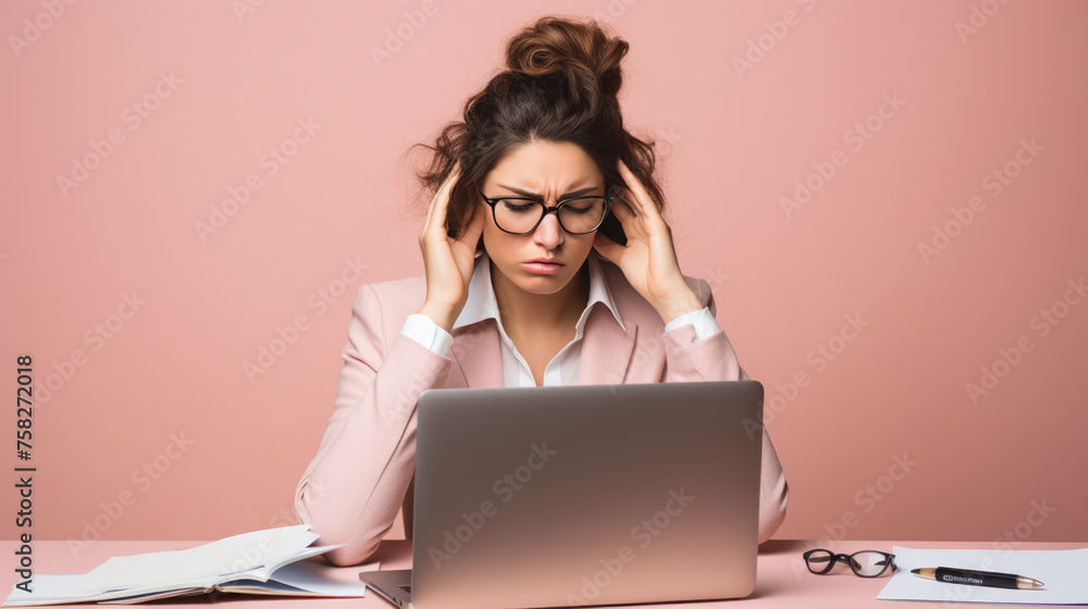 Wall mural stressed woman, sitting at a desk, holding her head in her hands against pink background