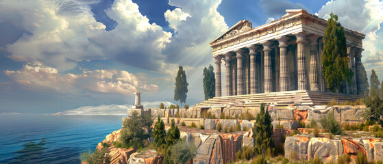 Ancient Greek temple over sea on sky background, landscape with old building in summer. Concept of...
