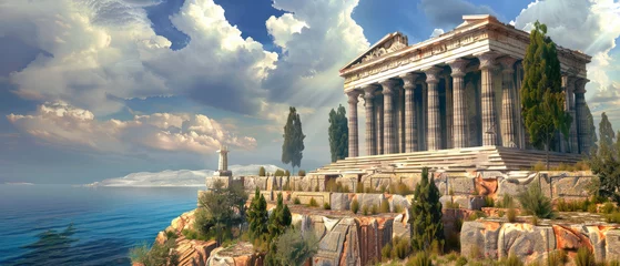 Poster Oud gebouw Ancient Greek temple over sea on sky background, landscape with old building in summer. Concept of Greece, antique, civilization, travel.