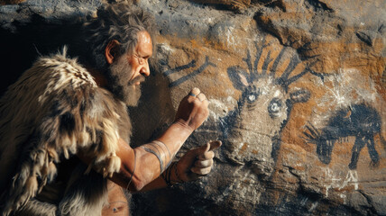Caveman drawing animals on rock wall in prehistoric era, Neanderthal man creates primitive art. Concept of cave, ancient people, painting
