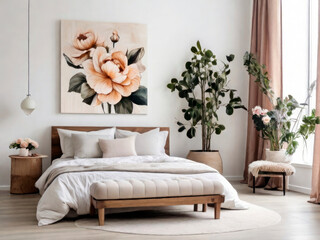 Bedroom with modern interior, Flowers on Wooden Stool and pouf in white background with Poster Frame, watercolor floral Poster frame in the living room