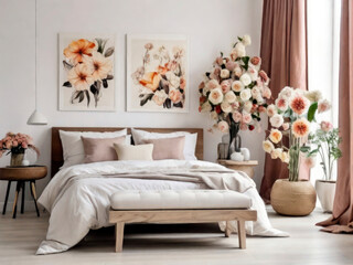 Bedroom with modern interior, Flowers on Wooden Stool and pouf in white background with Poster Frame, watercolor floral Poster frame in the living room