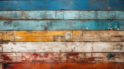 Obraz premium Old wood planks texture background, vintage worn color painted boards, rough grungy wooden wall. Concept of crack, grunge, multicolored pattern