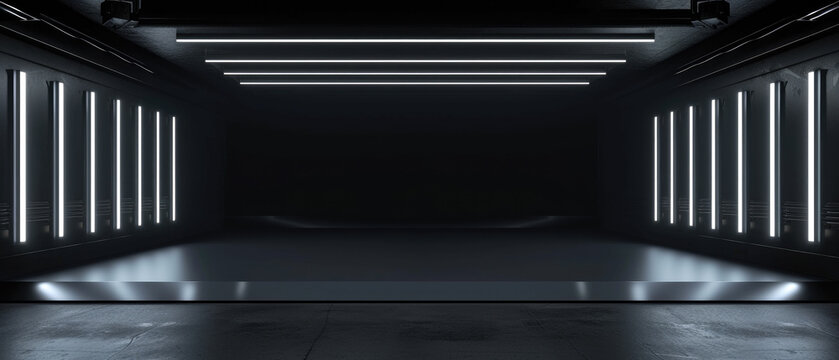 Dark modern stage with led light, inside black garage or hall, underground room interior. Concept of scene, studio, background