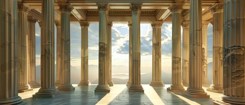 Columns inside Ancient temple overlooking mountain and sky, interior of old Greek building. Concept of antique, Greece, civilization, travel