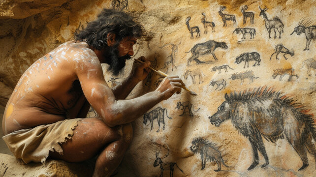 Caveman drawing animals on rock wall in prehistoric era, Neanderthal man creates primitive art. Concept of cave, ancient painting, Stone Age.