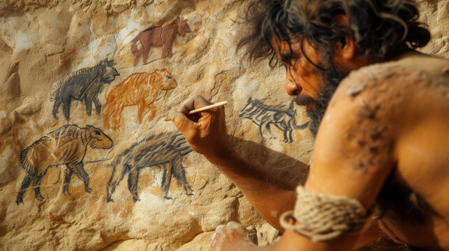 Caveman drawing animals on rock wall in prehistoric era, Neanderthal man creates primitive art. Concept of cave, ancient people, Stone Age