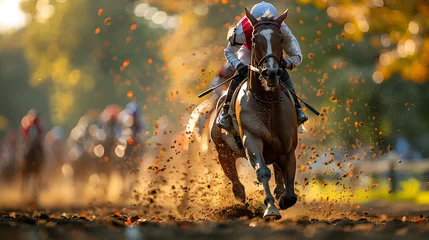 Deurstickers An up-close action shot of horse racing with a jockey, capturing the motion and intensity © Reiskuchen