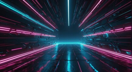 Neon Futurism 3D Abstract Technology Background with Glowing Neon Lights, Capturing the Essence of Speed and Sci-Fi Futurism, Ideal for Mock-Up Presentations in Virtual Reality and Cyber Space Environ