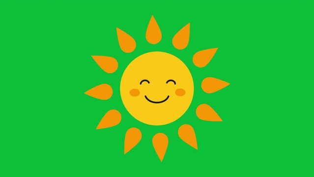 Loop of cute cartoon sun with happy smiling face on green screen chroma key background 2d animation 4k motion graphics video clip in bright colors. Seamless looped animated summer weather icon.