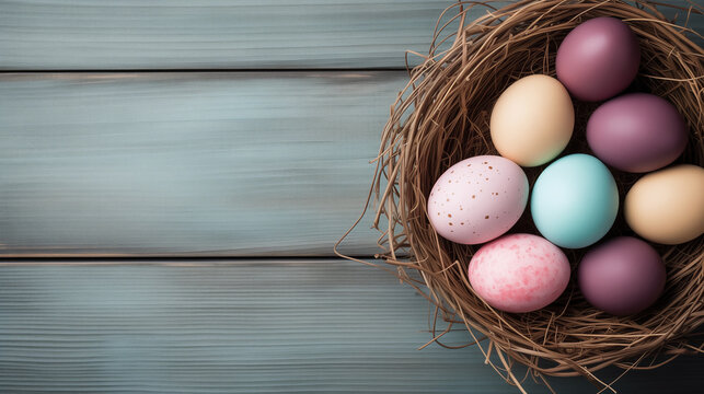 Multicolored Easter eggs in a nest on a wooden background. Minimalistic concept. Top view. Postcard with space for text. Easter concept. Basket with Easter eggs on wooden texture. Banner