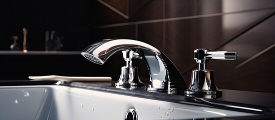 A detailed view of a bathroom sink with a faucet and a bathtub, showcasing the intricate plumbing fixtures and sleek metal design of the household hardware