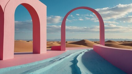 Obraz na płótnie Canvas Pastel Dreamscape 3D Render of an Abstract Surreal Landscape Background with Arches and Podium for Product Display, Offering a Panoramic View of Colorful Dunes Against a Blue Sky with Clouds, Featurin