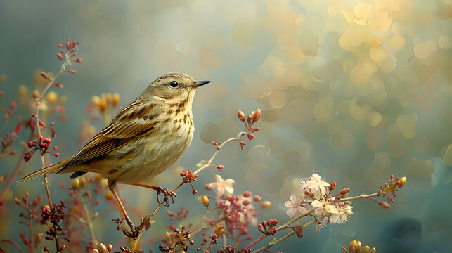 A digital art depiction of a bird silhouetted against a dreamy background of warm, golden bokeh lights