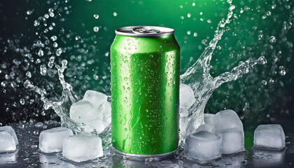Green aluminum can mockup with dynamic water splash and ice cubes. Beer or soda drink package.