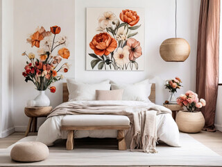 Bedroom with modern interior, Flowers on Wooden Stool and pouf in white background with Poster Frame, watercolor floral Poster frame in the living room