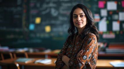 Indian teacher woman with long hair and brown shirt. She has her arms crossed and smiles at the camera. In the background is a classroom.