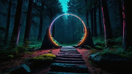 Portal to the Unknown Abstract Stone Archway Illuminated by a Glowing Neon Circle in the Enigmatic Depths of the Dark Forest