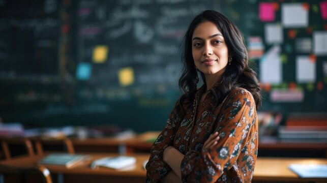 Indian teacher woman with long hair and brown shirt. She has her arms crossed and smiles at the camera. In the background is a classroom.