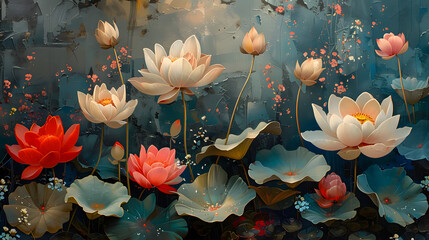 A serene, modern painting of vibrant lotus flowers in full bloom on a calm aquatic background, symbolizing purity and enlightenment - obrazy, fototapety, plakaty