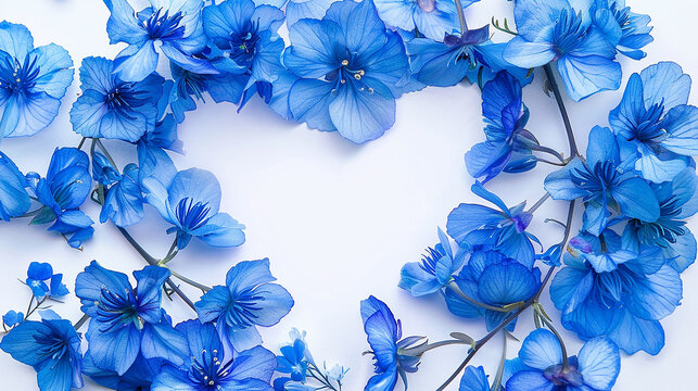 flores azuis formando um coração , fundo branco 