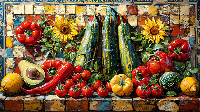 A vividly colored still life painting portraying an assortment of vegetables and fruits against a rustic brick wall