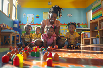 Joyful preschool teacher with children in playroom