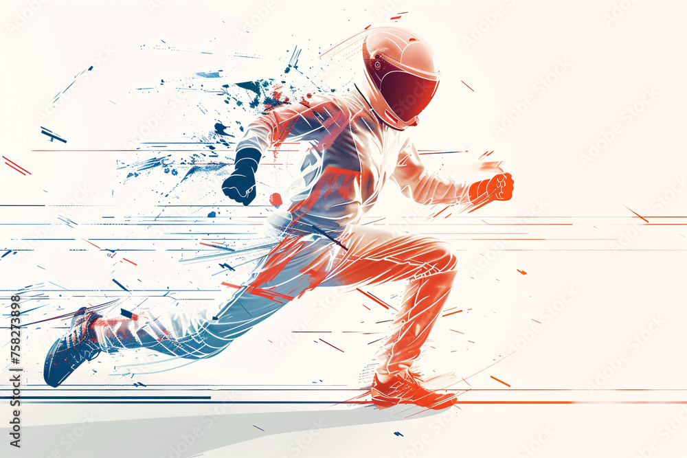 Poster red and white dynamic running pose with speed lines and splatter effect