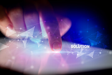 Finger touching tablet with business connection concept