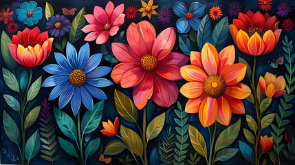 Fototapeta premium A captivating, colorful representation of a blooming garden with a variety of flowers artfully arranged on a dark background