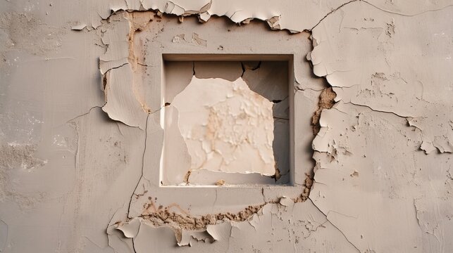 House wall with a hole in the center, background, concept: Valuation problems real estate or real estate funds, copy or text space, 16:9