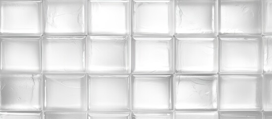 A close up of a brown rectanglular wall made of clear glass cubes, with grey flooring. The material property reflects tints and shades in parallel patterns, creating symmetry and a modern aesthetic