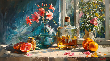 Warm sunlight cascades over a bright floral display and fresh fruit, including a pomegranate, contrasting the blue drapery