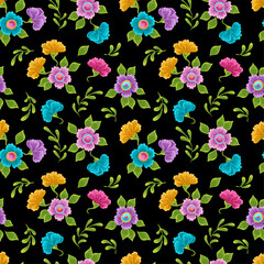 Wonderland floral seamless pattern. Bright colored flowers and leaves. daisies, buttercups, marigold sand others. Texture for fabric, wallpaper, print - 758274296