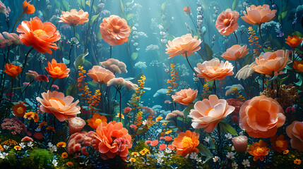 Fototapeta na wymiar A whimsical depiction of an underwater garden, flourishing with vibrant, oversized flowers and lush aquatic plants