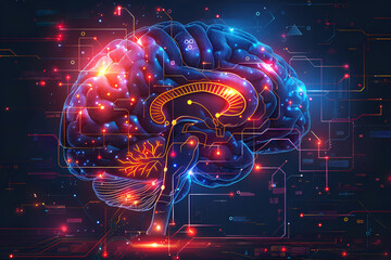Obraz premium Translucent brain abstraction of futuristic medicine showing chip implantation and connection with artificial intelligence. Use of neon colors.
