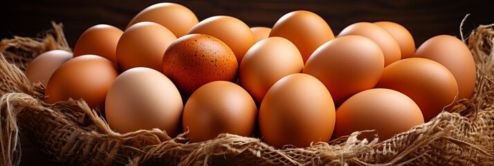 A basket of chicken eggs, an important food item. A few brown eggs among the cells of a large cardboard bag or in a basket, a tray for carrying and storing fragile eggs. Generative AI