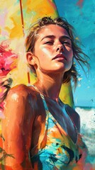 A woman in a swimsuit stands in front of a surfboard with a flower design. She has a serious expression and her hair is blowing in the wind. The background is a blue sky with white clouds.