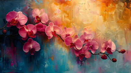 Beautiful orchids superimposed on an abstract, colorfully painted background, evoking emotions and artistic flair