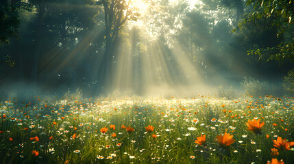 Mystical sunrays pierce through trees, illuminating a vibrant field of wildflowers in an ethereal forest scene - obrazy, fototapety, plakaty