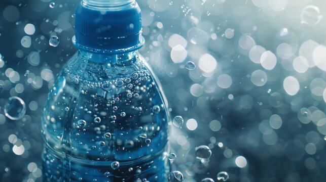 Water bottle on blue background with bubbles floating in the air