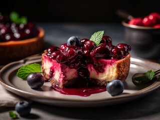 Keto Low Carb Cheesecake Garnished with Mixed Berries in a Delicious Fruit Sauce