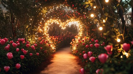 A garden path with a heart-shaped archway of string lights, framed by rows of pink flowers and fairy lights.