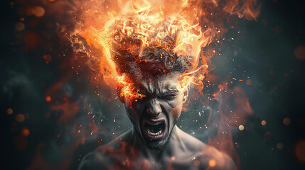 furious man screaming with head on fire, extreme rage