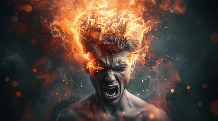 Poster furious man screaming with head on fire, extreme rage © Luluraschi