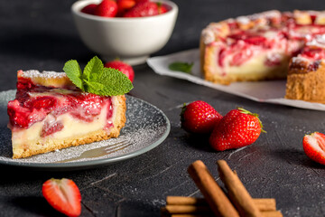 Strawberry cake. Menu concept. Homemade strawberry cake decorated with strawberries and mint leaves.