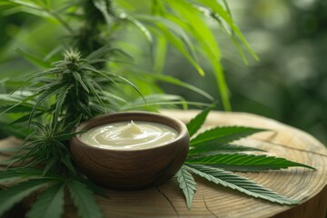 Obraz na płótnie Canvas A hero shot of cannabis cream on a wooden table. A wooden bowl of cannabis therapeutic cream on a piece of wood