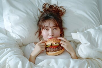 Asian girl eating burger in bed