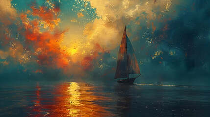 An artistic depiction of a single sailboat on gently rippling water against a sky ablaze with sunset colors - obrazy, fototapety, plakaty
